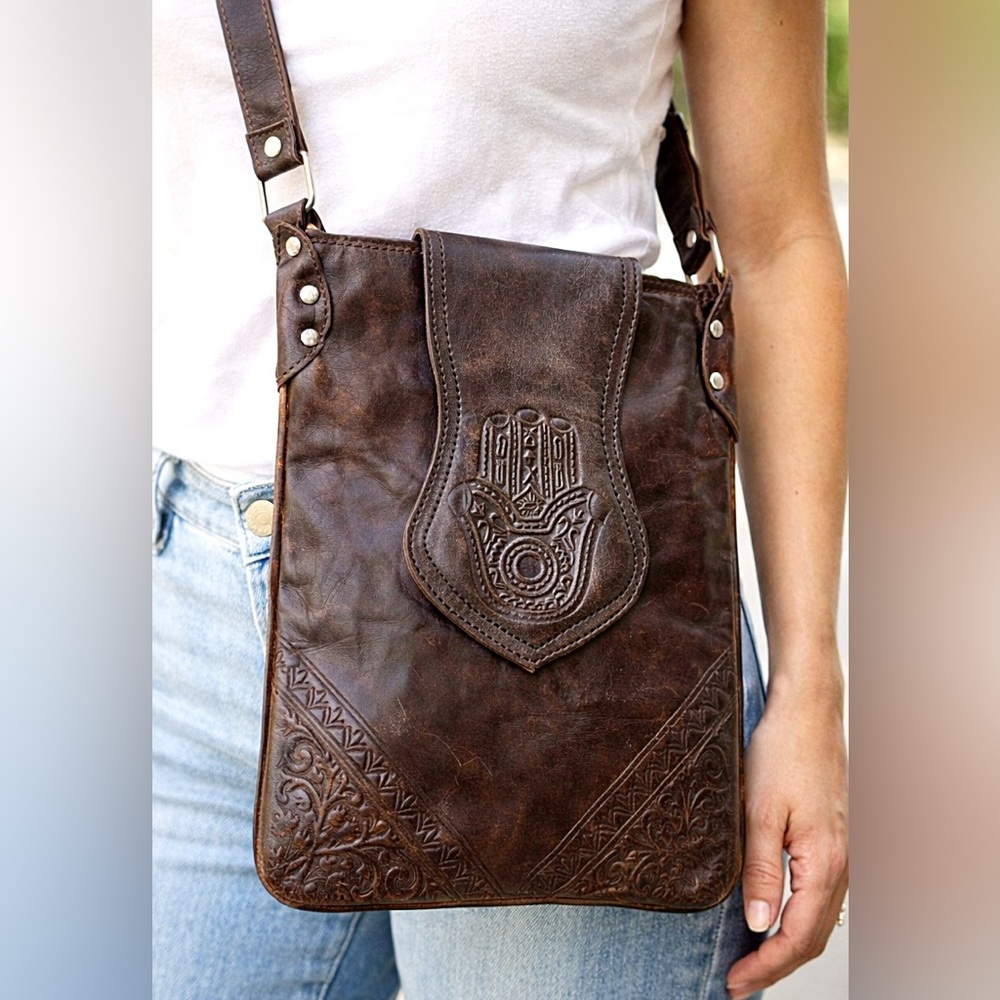Moroccan Hand-Tooled Leather Crossbody Satchel Hamsa Hand Boho Bag